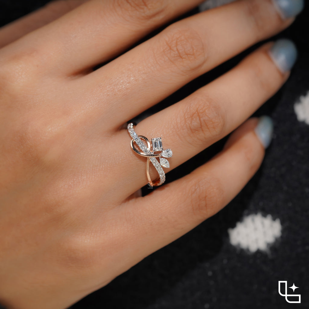 Three Stone Bypass Ring with Emerald Cut Center, Marquise and Pear-Shaped Accents, Pavé Crossover Band, 0.50 CT Center and 0.80 CT Side Diamonds