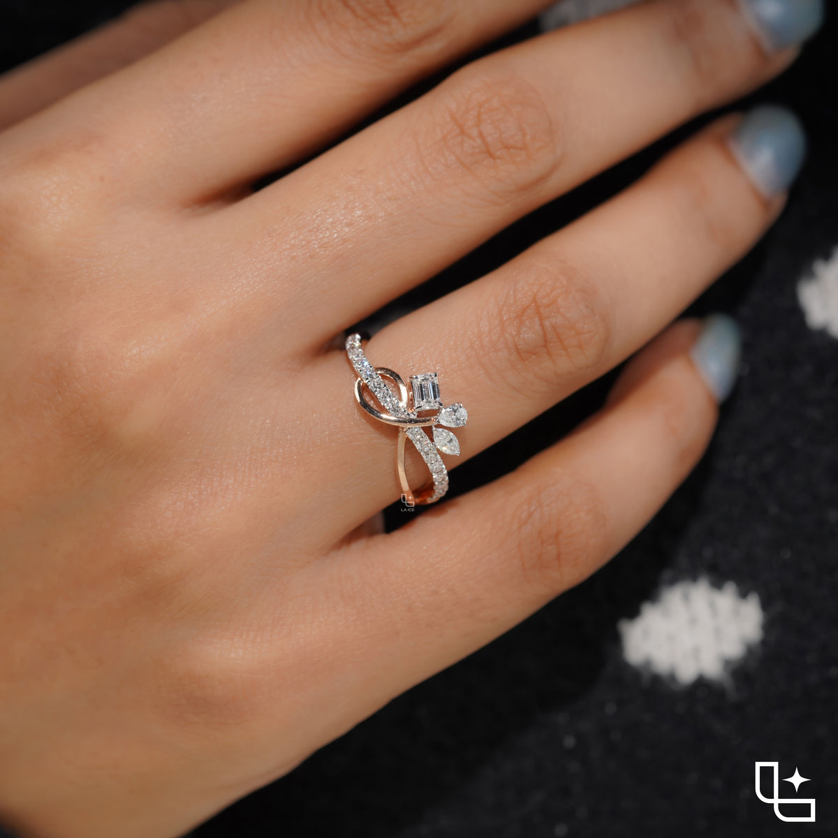 Three Stone Bypass Ring with Emerald Cut Center, Marquise and Pear-Shaped Accents, Pavé Crossover Band, 0.50 CT Center and 0.80 CT Side Diamonds