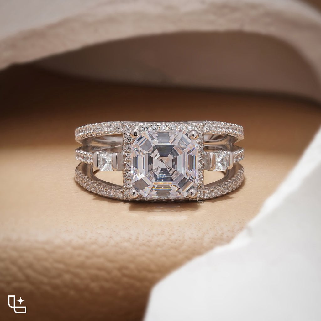 Asscher Cut Halo Engagement Ring with Split Pavé Band
