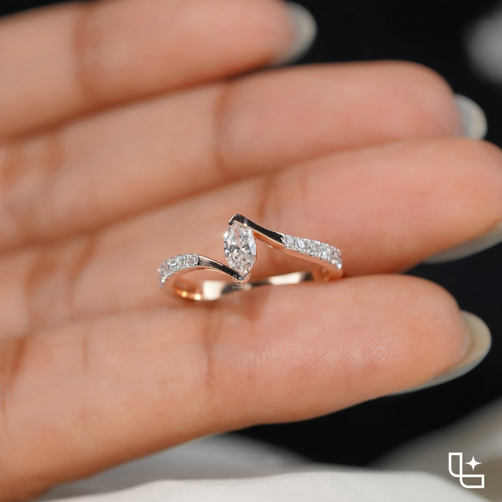 Marquise Diamond Solitaire Ring – Twisted Diamond Engagement Ring in Rose Gold | Modern Bypass Diamond Ring for Women