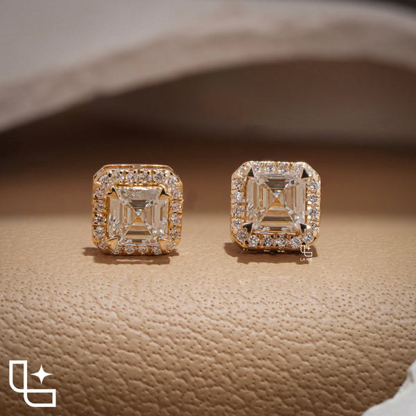 Asscher Cut Diamond Halo Stud Earrings, Square Diamond Stud Earrings, Square Step Cut Halo Stud Earrings with a Sparkling Round Stone Border, 2.00 CT Total Diamond Weight