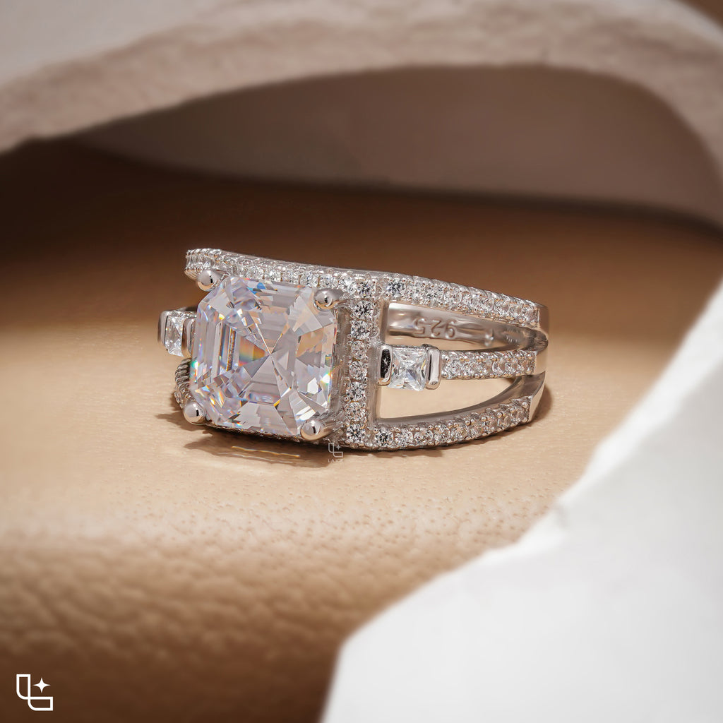 Asscher Cut Halo Engagement Ring with Split Pavé Band