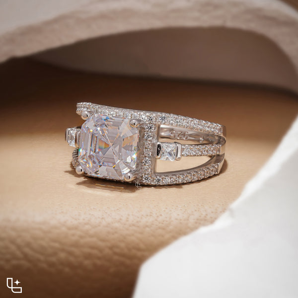 Asscher Cut Halo Engagement Ring with Split Pavé Band
