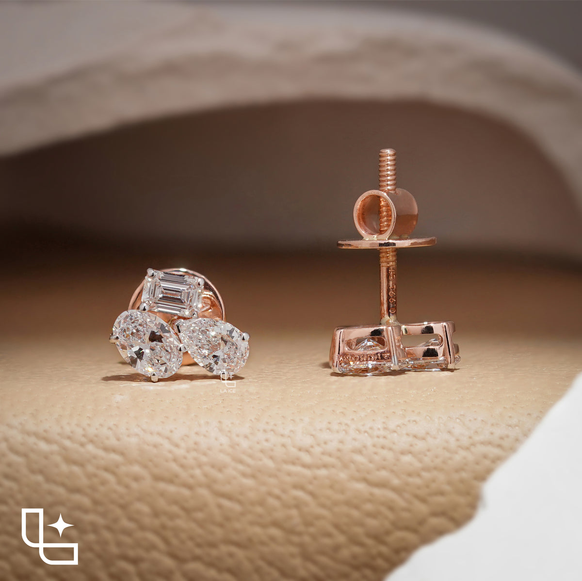 Three Stone Cluster Stud Earrings | Emerald Cut and Pear Shaped Cluster Stud Earrings with Round Accents, 1.50 CT Total Diamond Weight