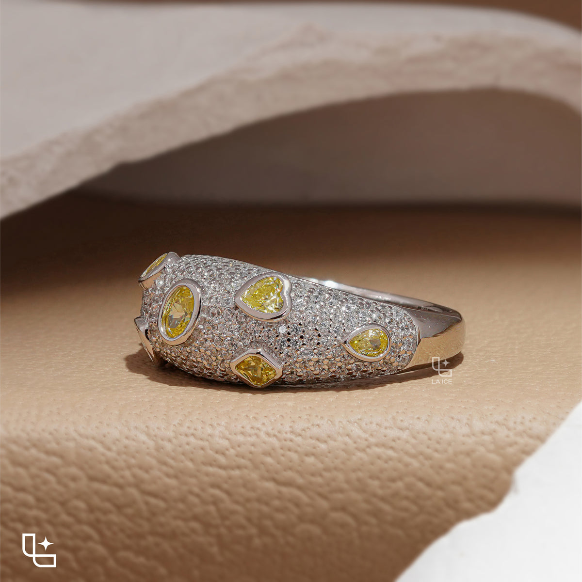 Yellow Oval and Pear Cut Pavé Statement Band Ring
