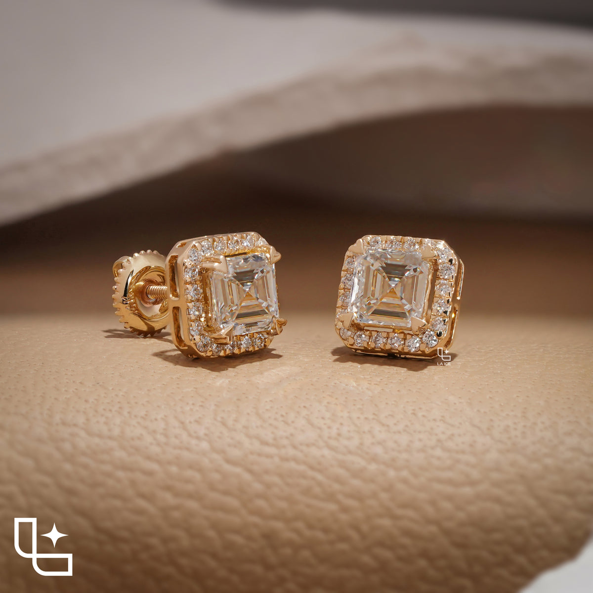 Asscher Cut Diamond Halo Stud Earrings, Square Diamond Stud Earrings, Square Step Cut Halo Stud Earrings with a Sparkling Round Stone Border, 2.00 CT Total Diamond Weight