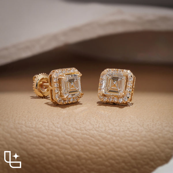 Asscher Cut Diamond Halo Stud Earrings, Square Diamond Stud Earrings, Square Step Cut Halo Stud Earrings with a Sparkling Round Stone Border, 2.00 CT Total Diamond Weight