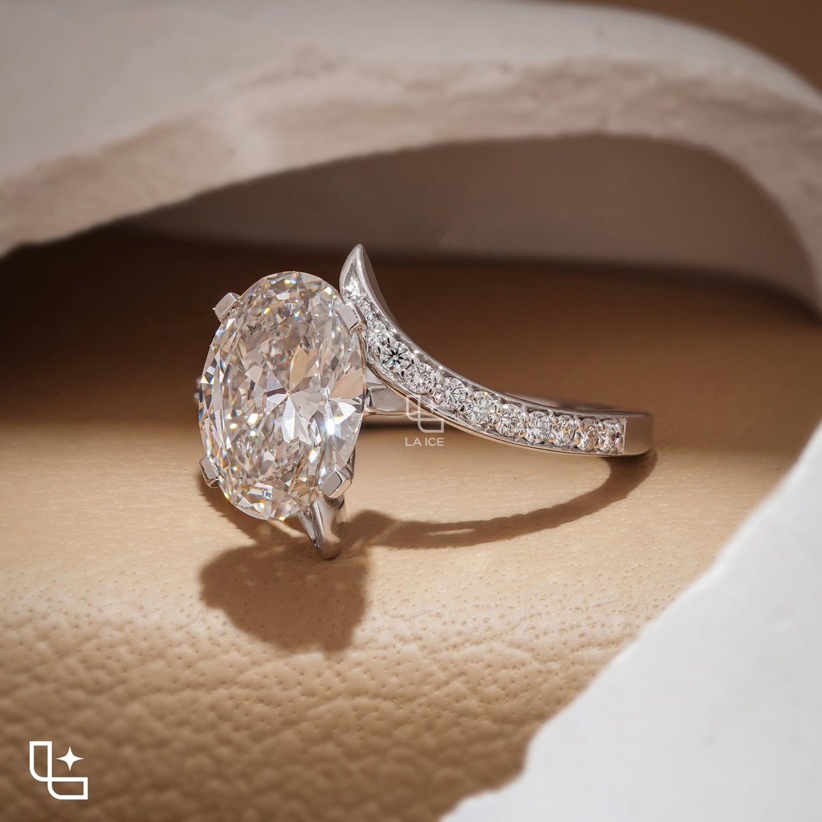 Oval Cut Pavé Engagement Ring with Brilliant Center Stone and Sparkling Side Stones