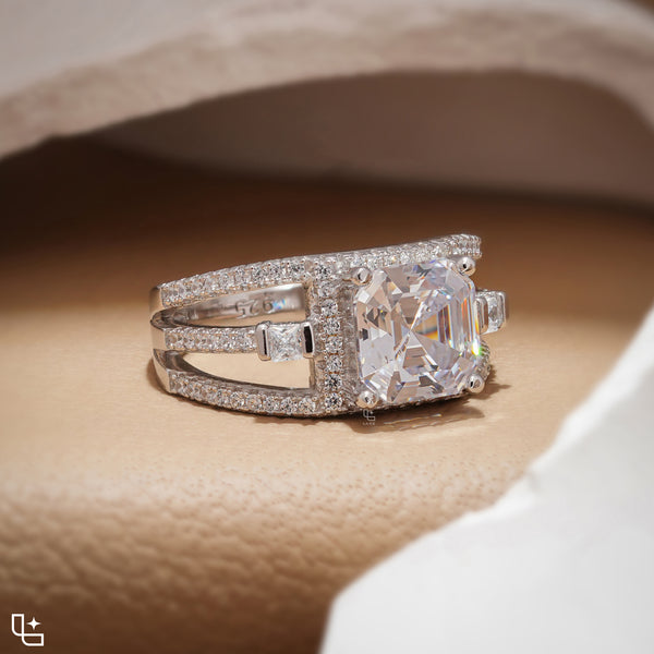 Asscher Cut Halo Engagement Ring with Split Pavé Band