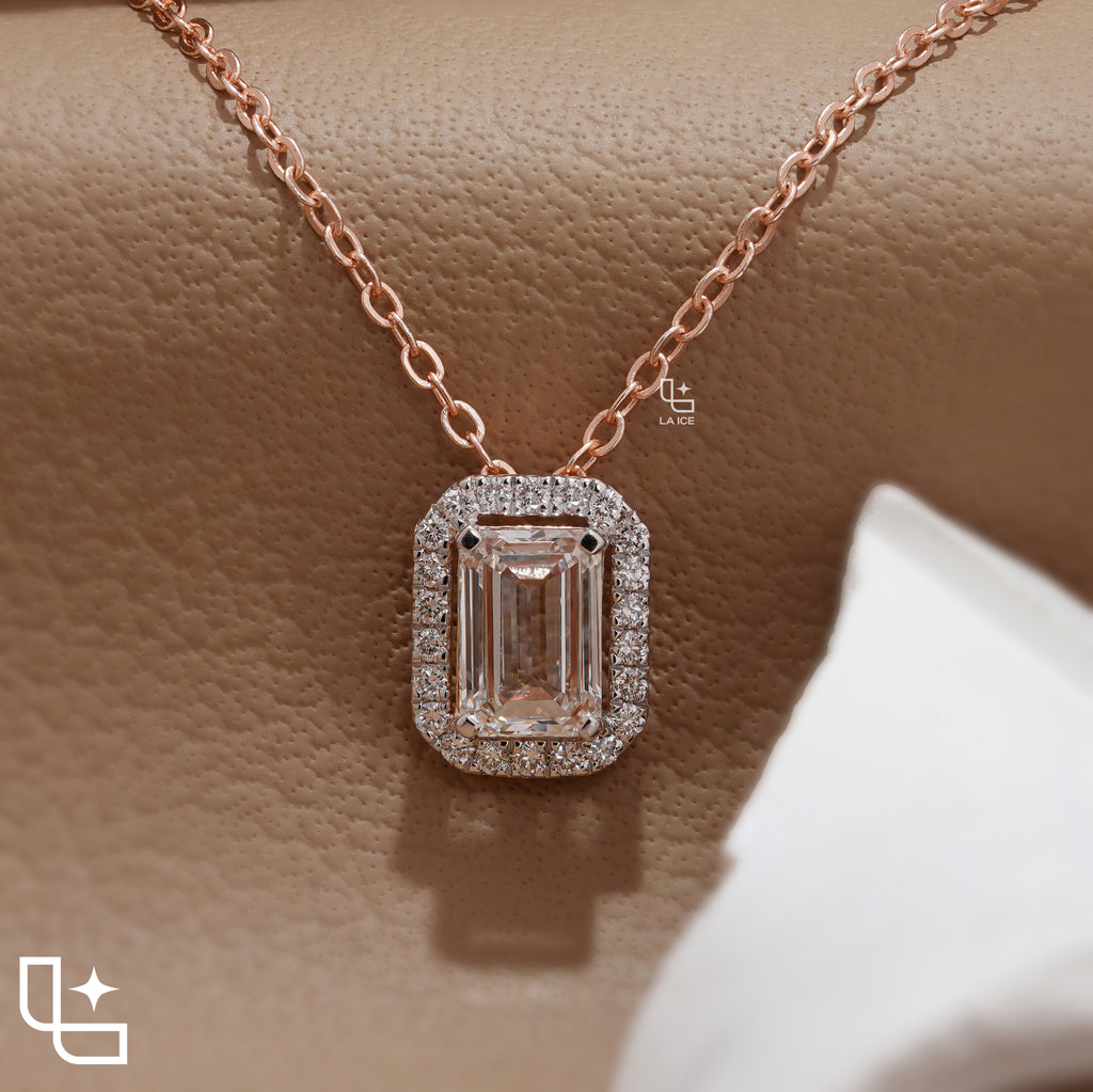 Emerald Cut Halo Pendant Necklace, Rectangular Sparkling Stone Design