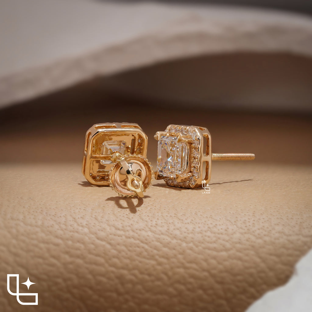 Asscher Cut Diamond Halo Stud Earrings, Square Diamond Stud Earrings, Square Step Cut Halo Stud Earrings with a Sparkling Round Stone Border, 2.00 CT Total Diamond Weight