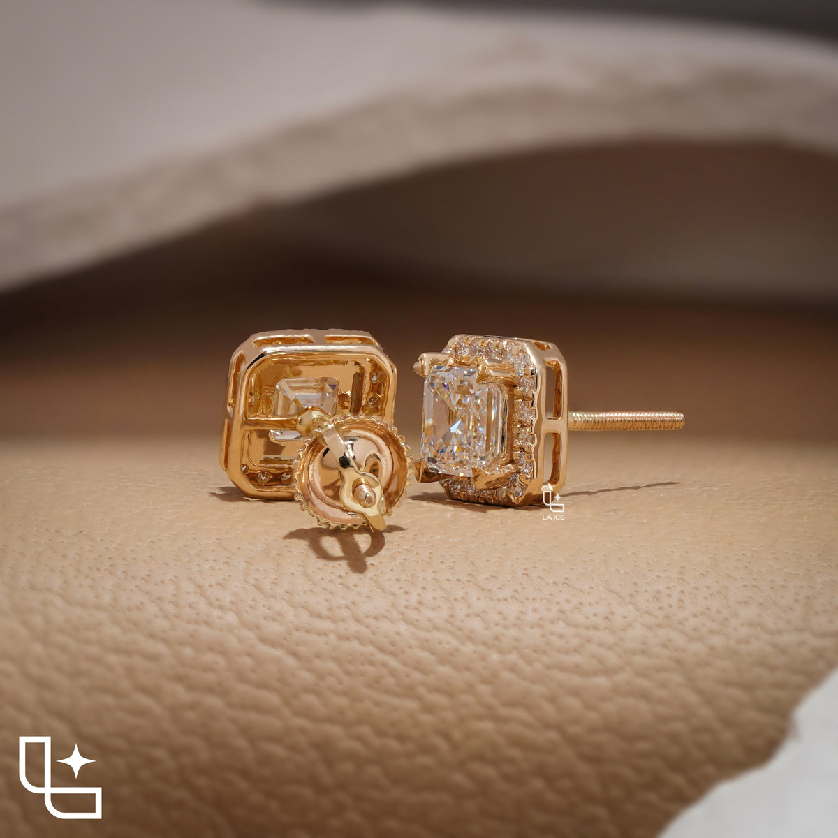 Asscher Cut Diamond Halo Stud Earrings, Square Diamond Stud Earrings, Square Step Cut Halo Stud Earrings with a Sparkling Round Stone Border, 2.00 CT Total Diamond Weight