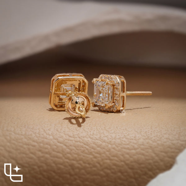 Asscher Cut Diamond Halo Stud Earrings, Square Diamond Stud Earrings, Square Step Cut Halo Stud Earrings with a Sparkling Round Stone Border, 2.00 CT Total Diamond Weight