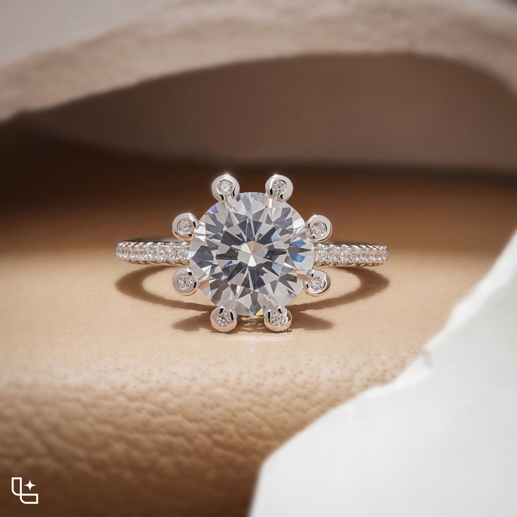 Round Halo Diamond Engagement Ring with Pavé Band