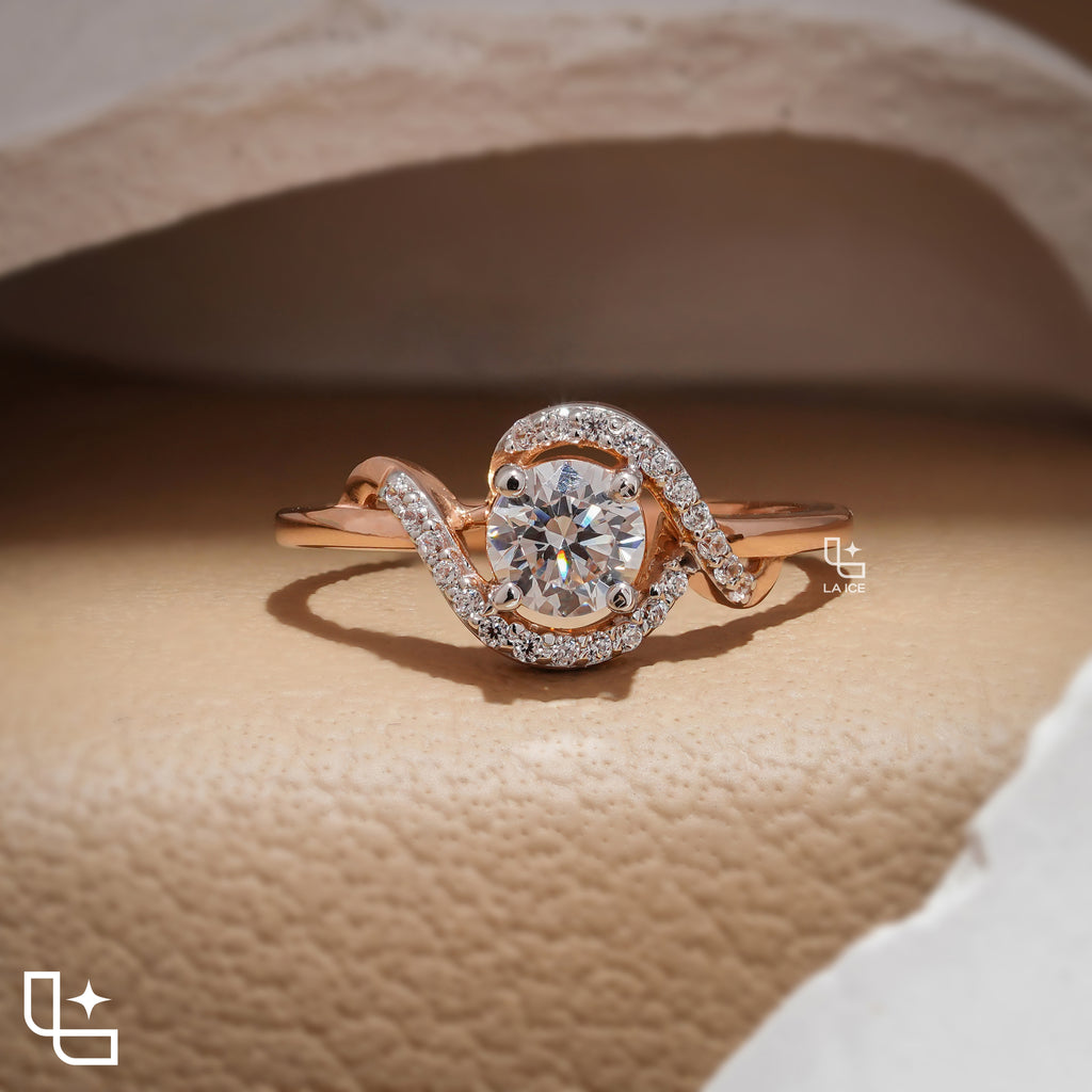 Round Cut Asymmetrical Halo Engagement Ring with Curved Accent Band