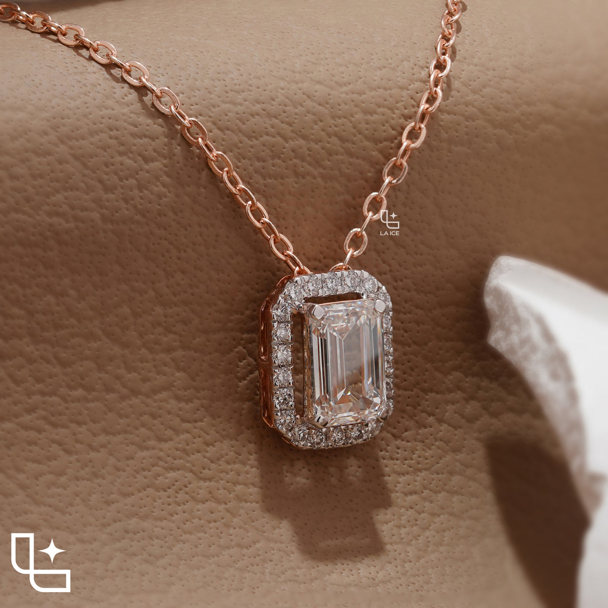 Emerald Cut Halo Pendant Necklace, Rectangular Sparkling Stone Design
