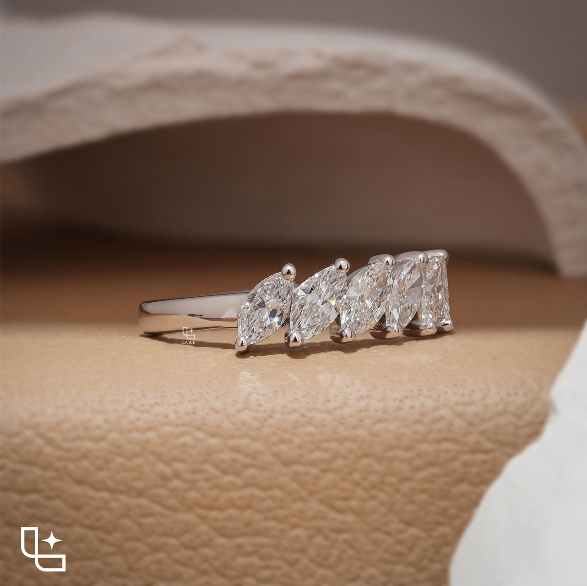 Marquise Cut Eternity Band Ring, Diagonal Stone Wedding Band