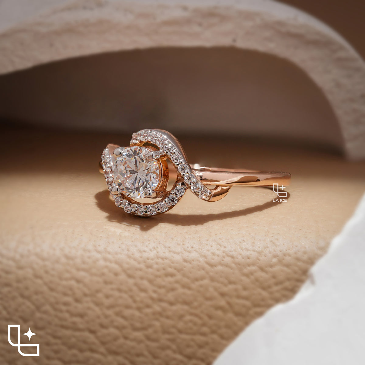 Round Cut Asymmetrical Halo Engagement Ring with Curved Accent Band