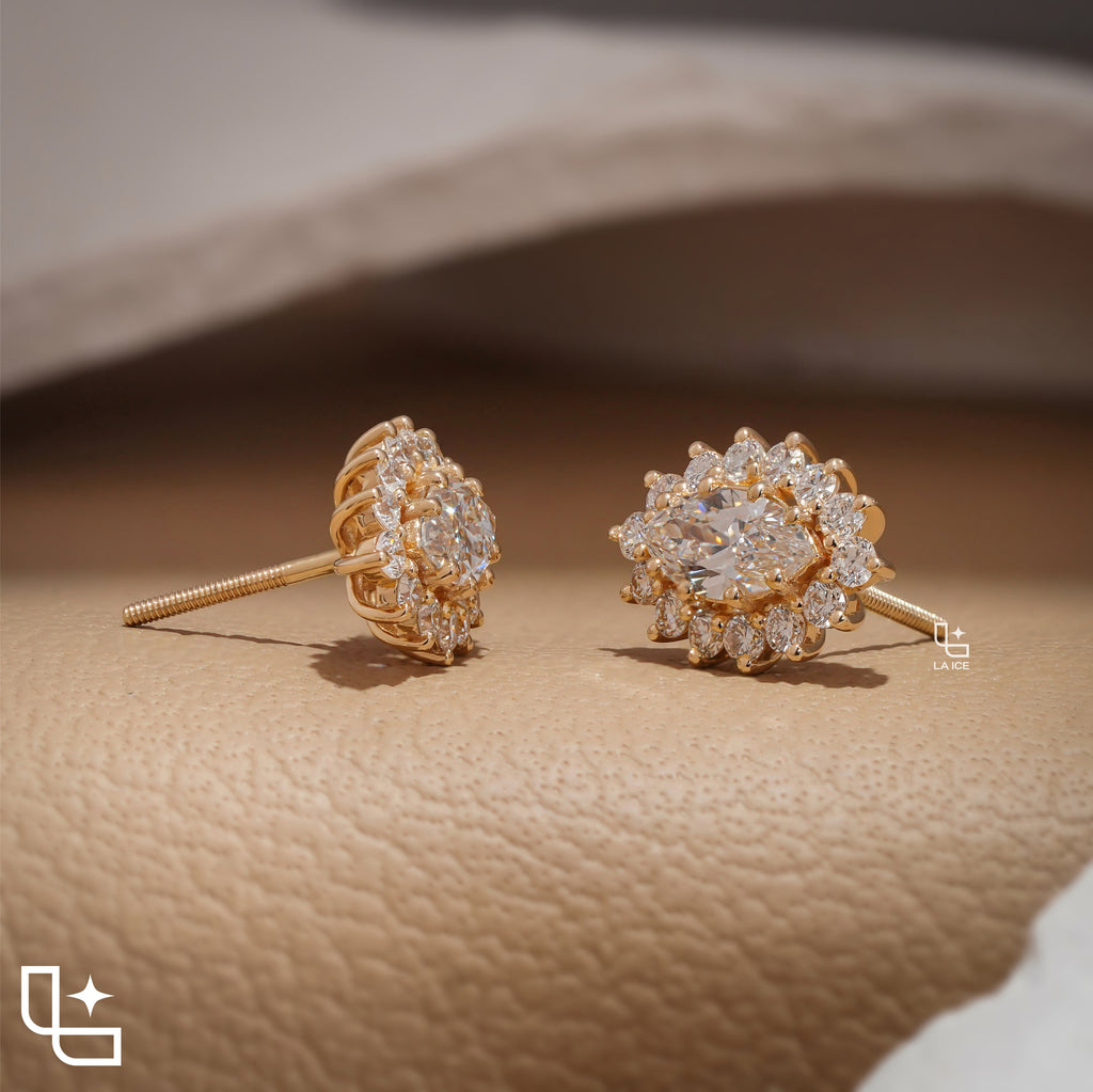 Oval Cut Halo Stud Earrings with Round Stone Sunburst Design, 2.00 CT Total Diamond Weight