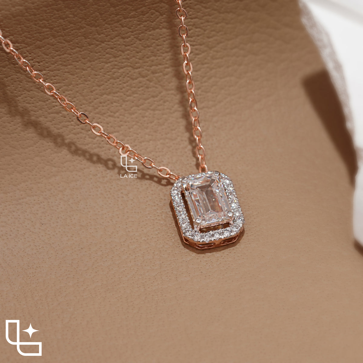 Emerald Cut Halo Pendant Necklace, Rectangular Sparkling Stone Design