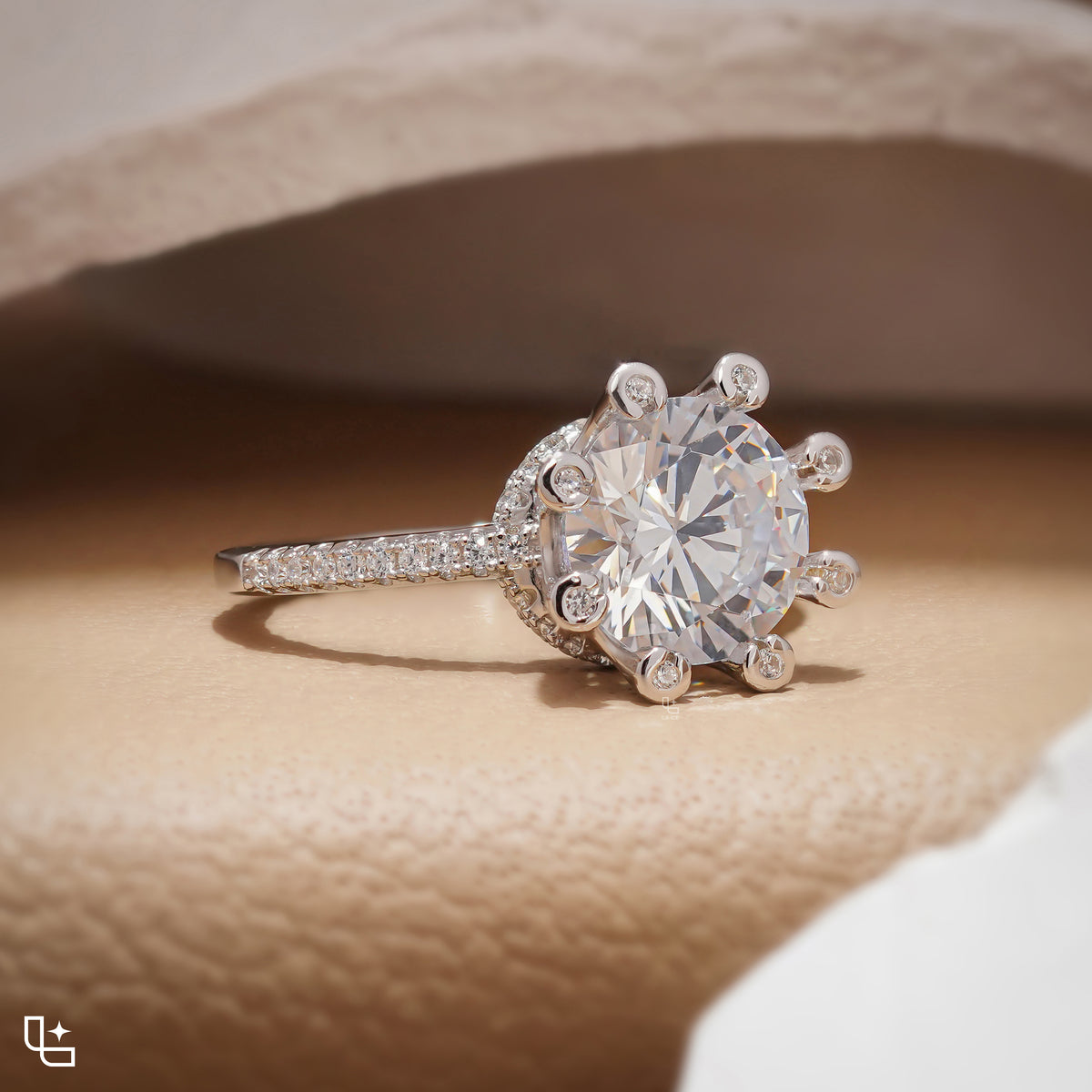 Round Halo Diamond Engagement Ring with Pavé Band