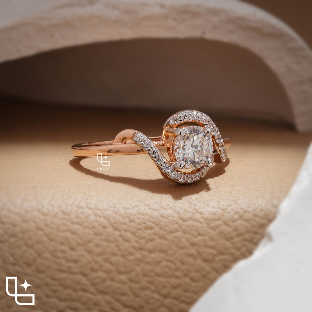 Round Cut Asymmetrical Halo Engagement Ring with Curved Accent Band