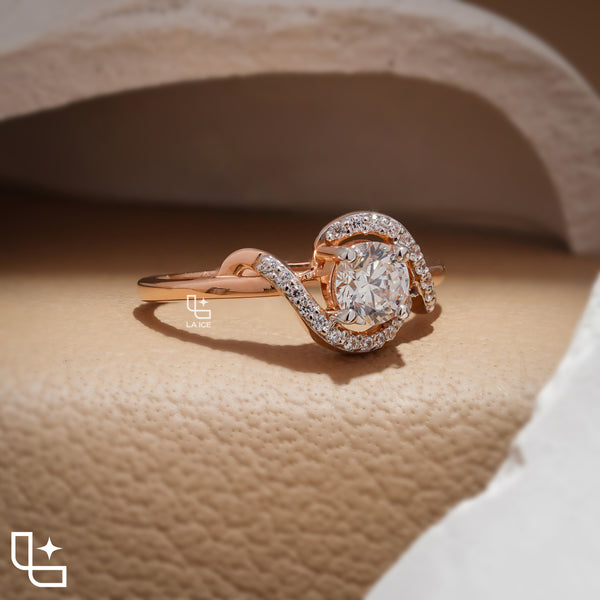 Round Cut Asymmetrical Halo Engagement Ring with Curved Accent Band