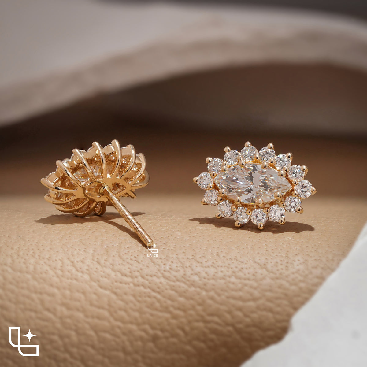 Oval Cut Halo Stud Earrings with Round Stone Sunburst Design, 2.00 CT Total Diamond Weight