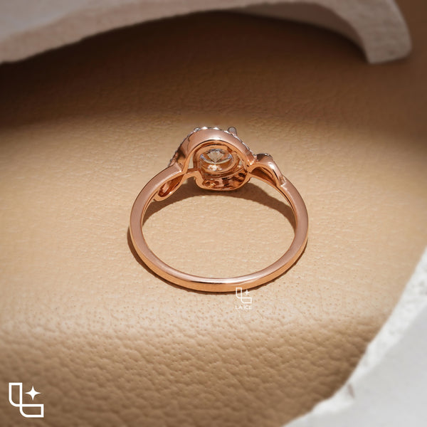 Round Cut Asymmetrical Halo Engagement Ring with Curved Accent Band