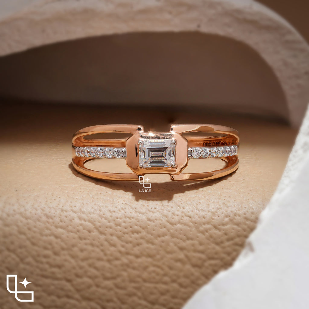 Emerald Cut Engagement Ring with Geometric Setting and Split Shank Band