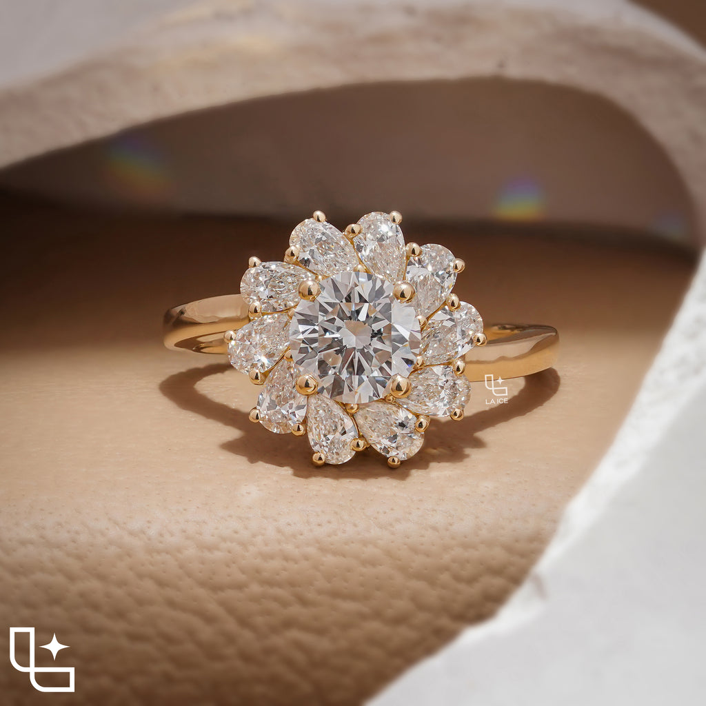 Round Center Floral Halo Engagement Ring with Cluster Side Stones