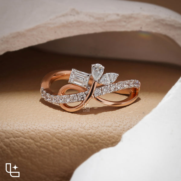 Three Stone Bypass Ring with Emerald Cut Center, Marquise and Pear-Shaped Accents, Pavé Crossover Band, 0.50 CT Center and 0.80 CT Side Diamonds