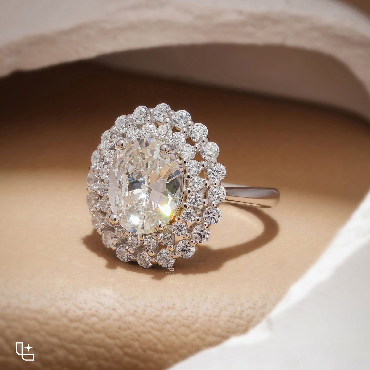 Oval Center Double Halo Cluster Engagement Ring with Multi-Row Diamond Detailing