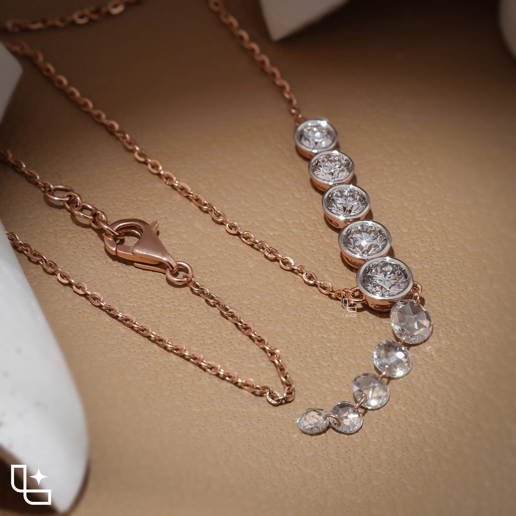 Round Diamond Journey Drop Necklace – Rose Gold Diamond Necklace | Elegant Graduated Diamond Pendant Necklace for Women