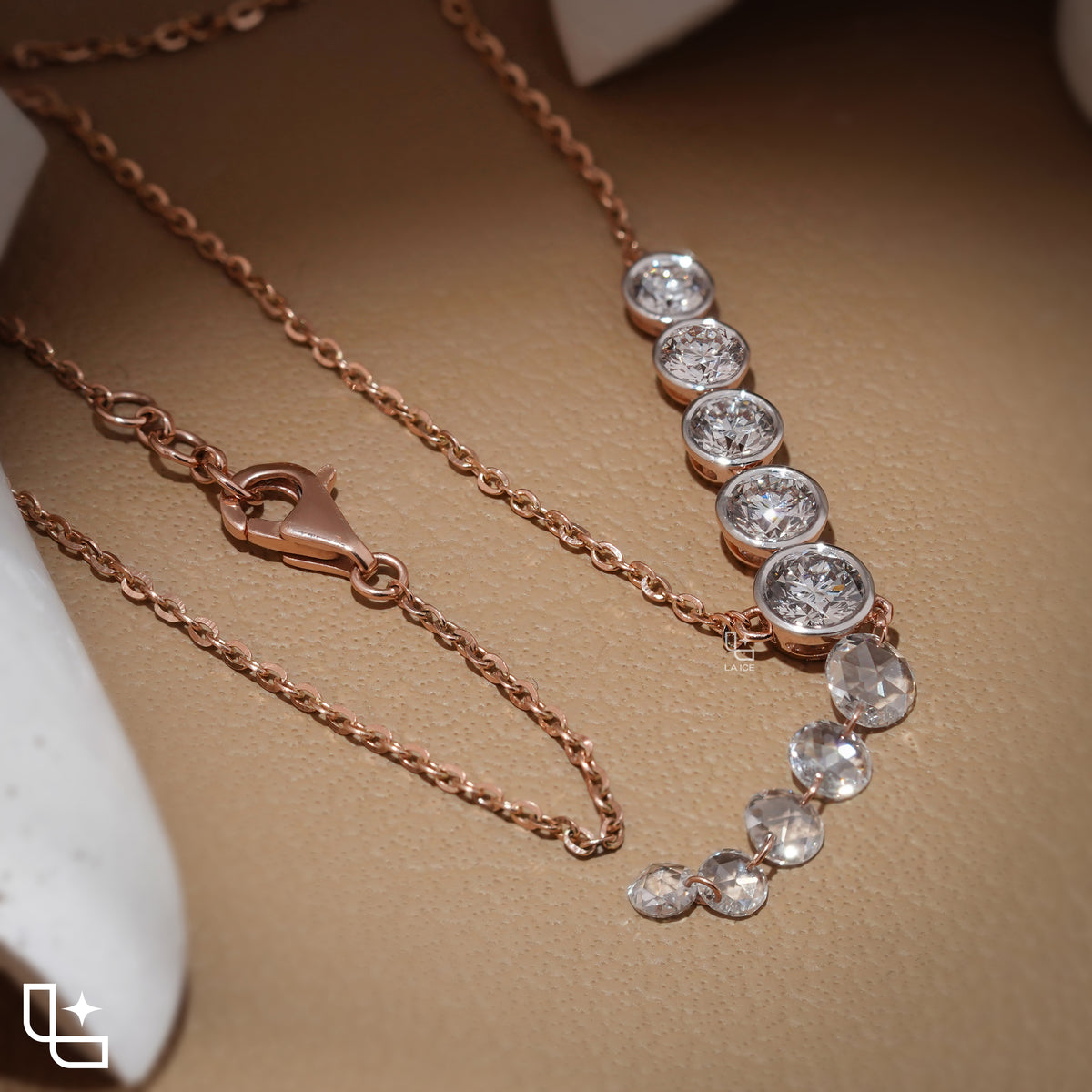 Round Diamond Journey Drop Necklace – Rose Gold Diamond Necklace | Elegant Graduated Diamond Pendant Necklace for Women