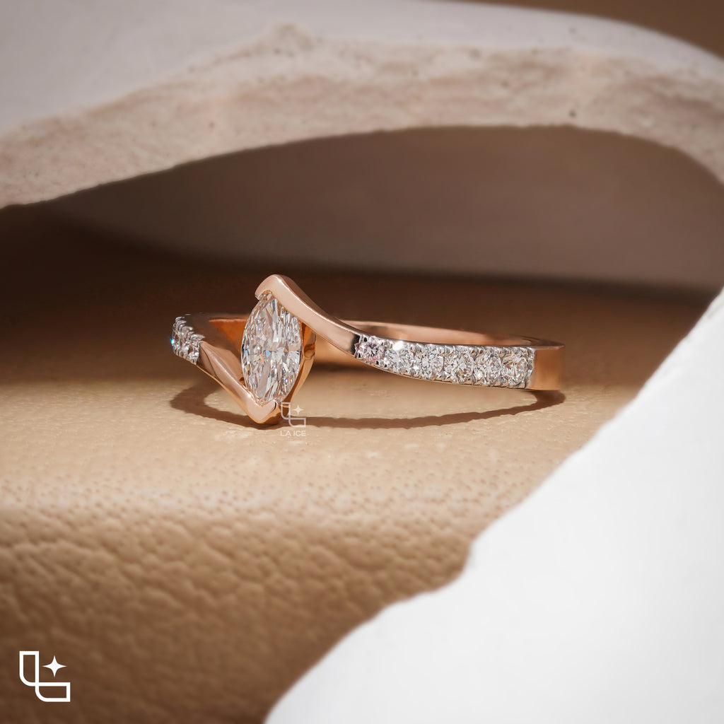 Marquise Diamond Solitaire Ring – Twisted Diamond Engagement Ring in Rose Gold | Modern Bypass Diamond Ring for Women