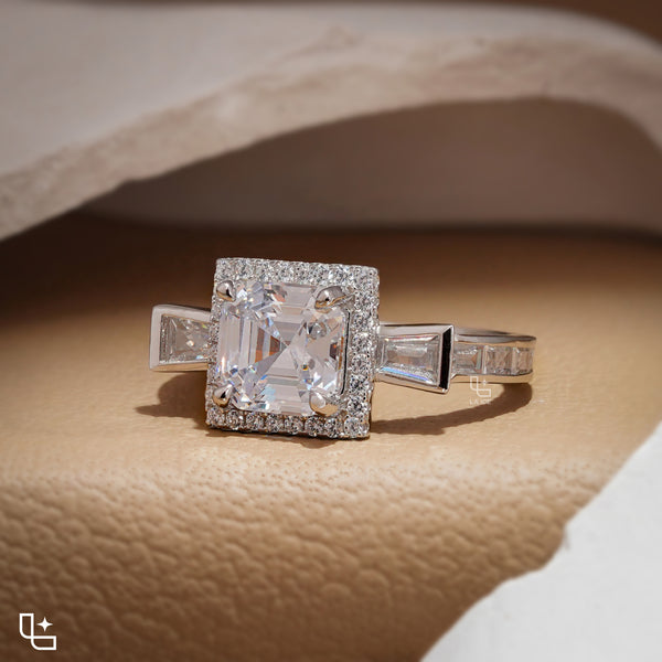 Asscher Cut Halo Engagement Ring with Baguette Side Stones