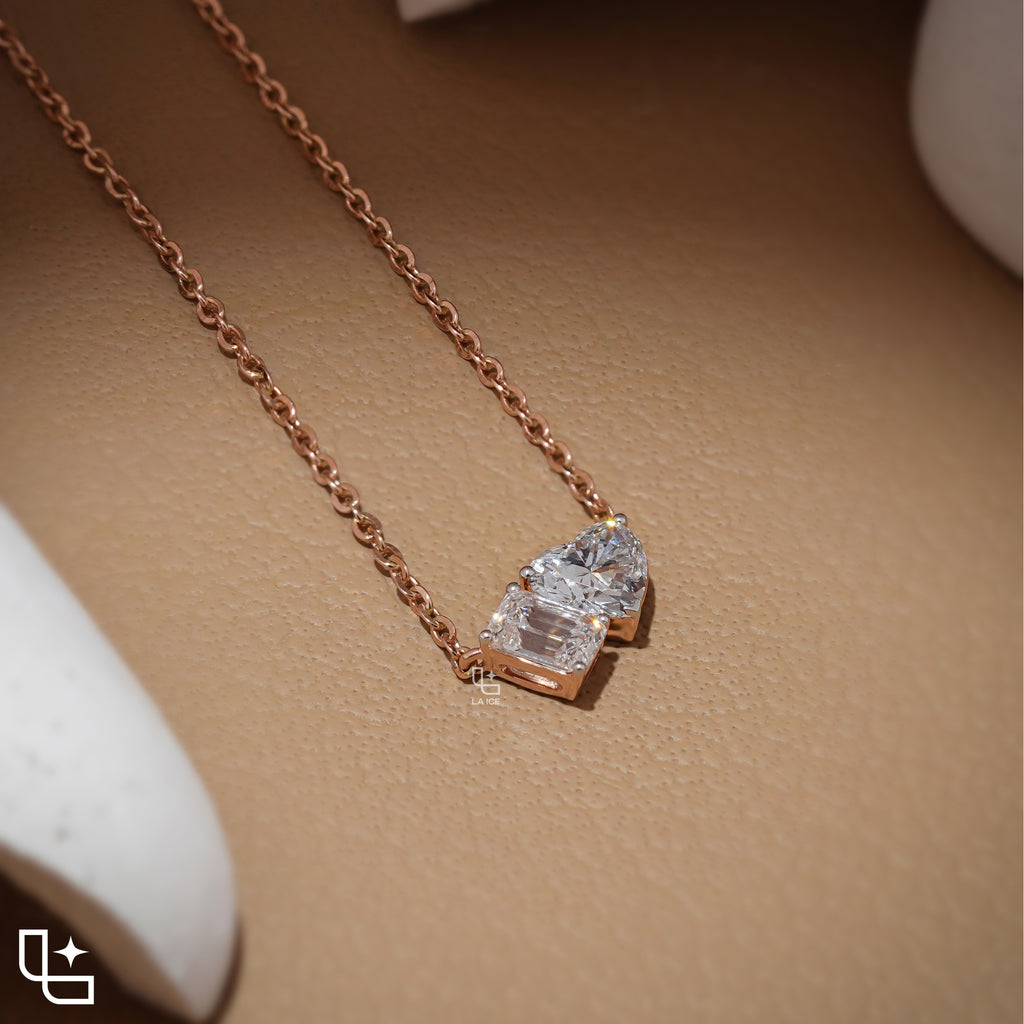 Emerald & Heart Diamond Pendant Necklace – Rose Gold Diamond Necklace | Romantic Two-Stone Diamond Pendant for Women