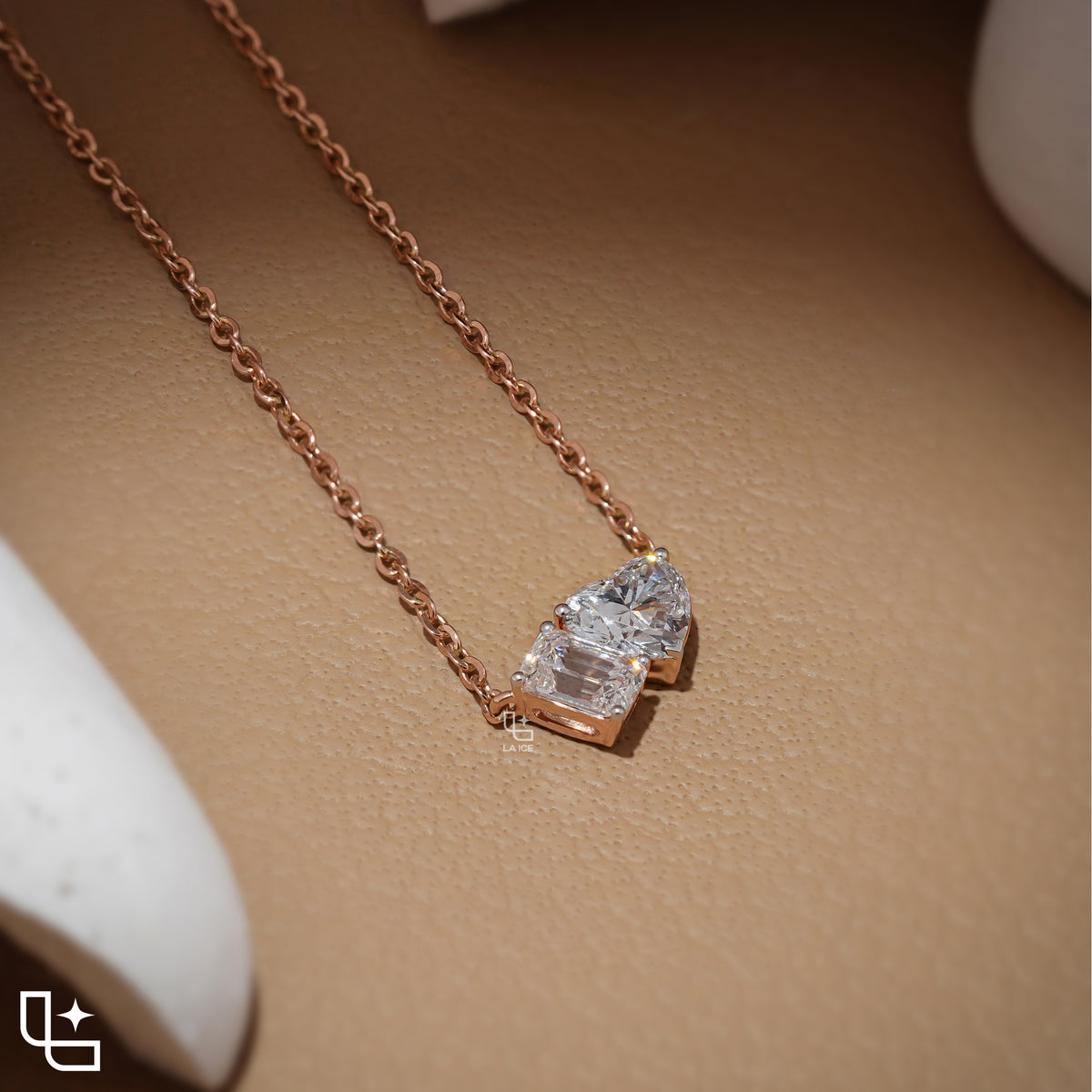 Emerald & Heart Diamond Pendant Necklace – Rose Gold Diamond Necklace | Romantic Two-Stone Diamond Pendant for Women
