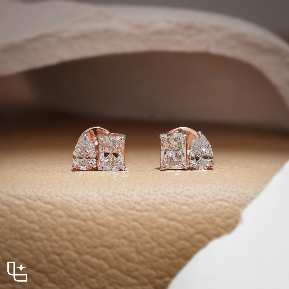 Pear & Radiant Diamond Stud Earrings – Two Stone Diamond Earrings in Rose Gold | Modern Geometric Diamond Earrings for Women