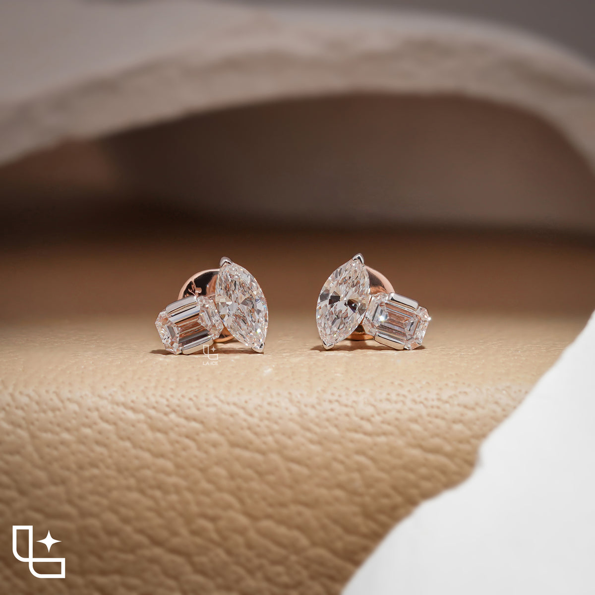 Marquise & Emerald Diamond Stud Earrings – Rose Gold Diamond Earrings | Modern Two-Stone Diamond Earrings for Women