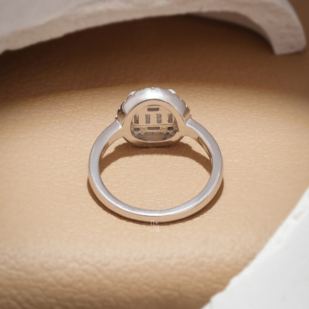 Baguette Cut Cluster Halo Ring with Round Accent Stones