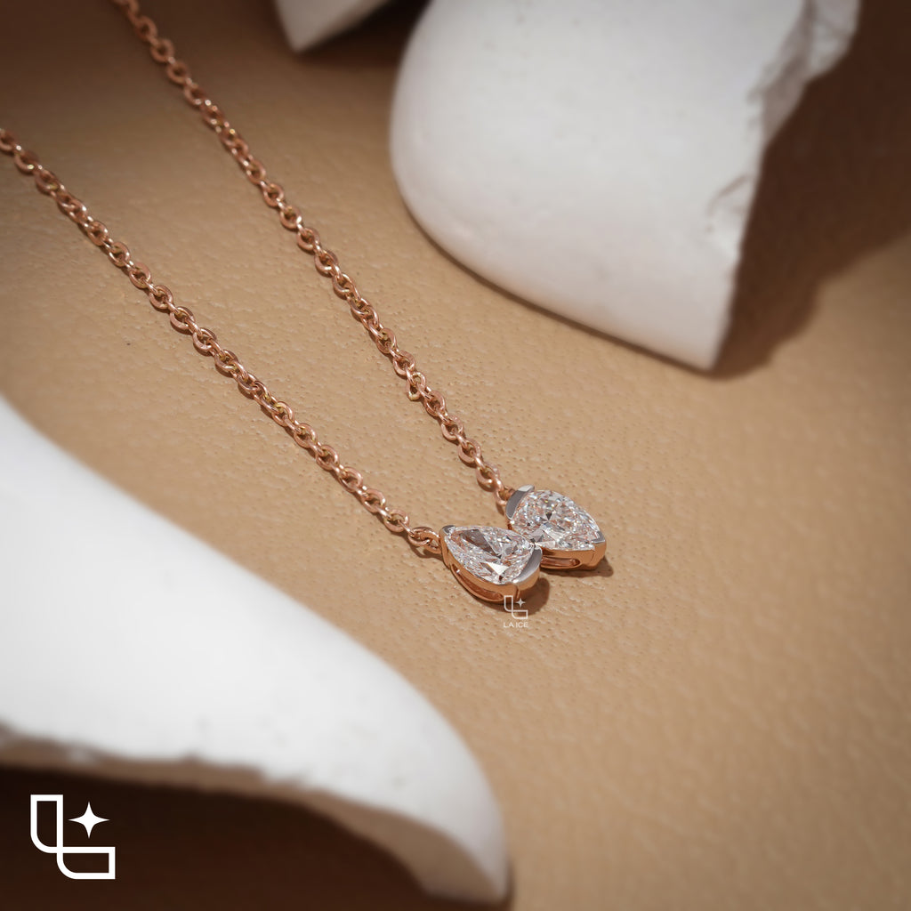 Pear Diamond Duo Pendant Necklace – Rose Gold Diamond Necklace | Modern Two-Stone Pear Diamond Pendant for Women