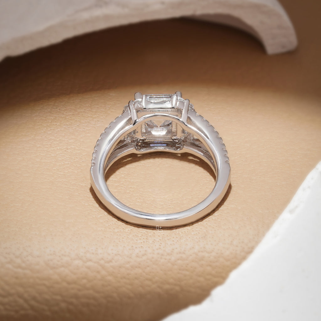 Asscher Cut Halo Engagement Ring with Split Pavé Band – 2.75 CT Total Diamond Weight