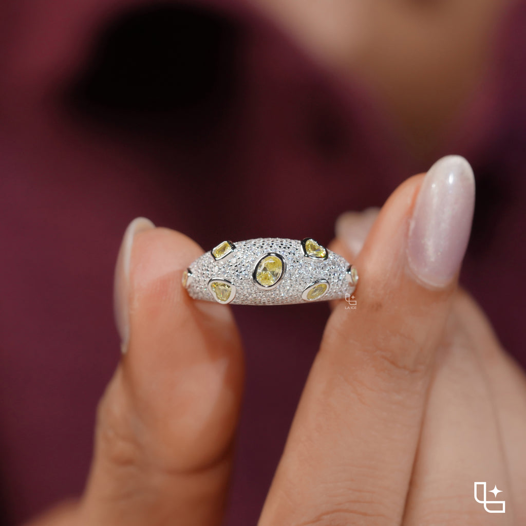 Yellow Oval and Pear Cut Pavé Statement Band Ring