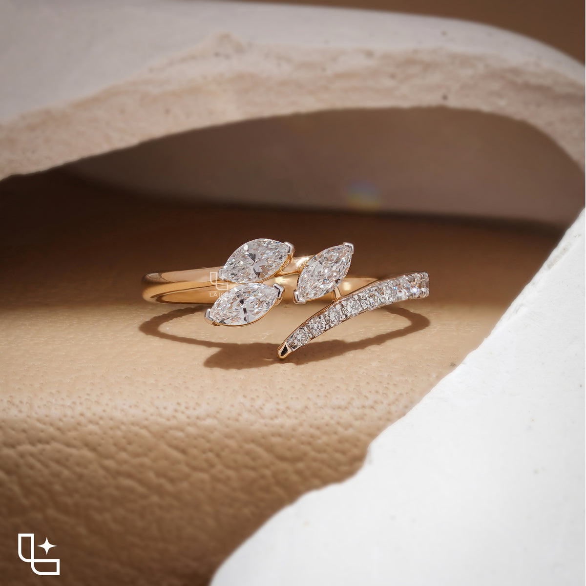Three Marquise Stone Bypass Ring – 0.60 CT Center, 0.80 CT Side