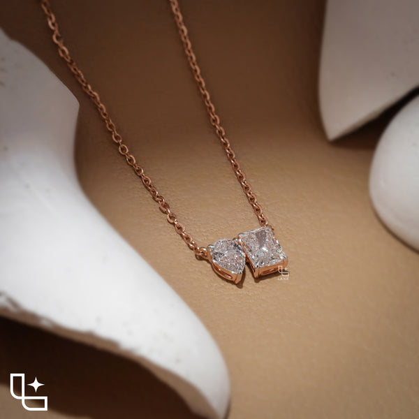 Pear & Radiant Diamond Pendant Necklace – Rose Gold Diamond Necklace | Modern Two-Stone Diamond Pendant for Women