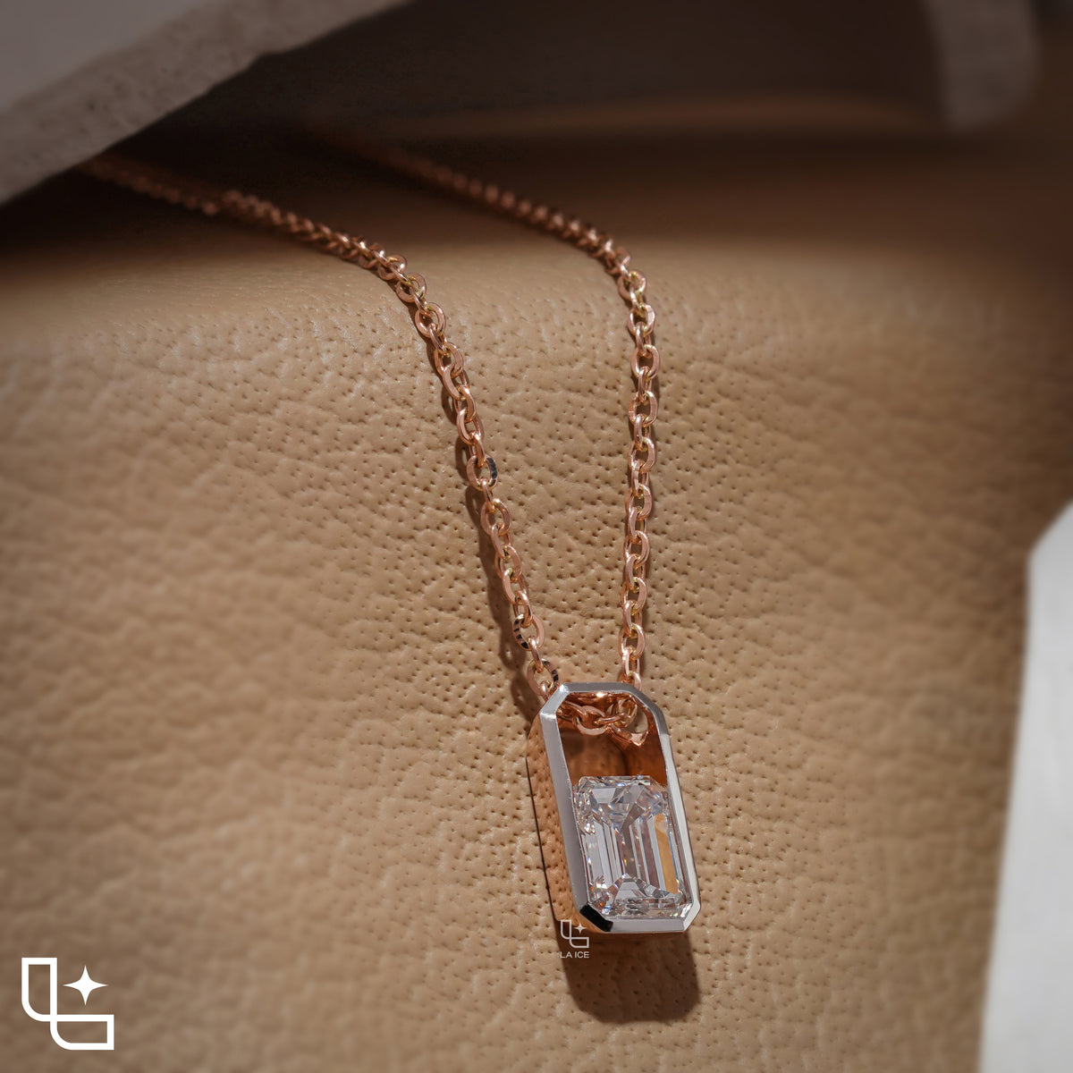 Emerald Cut Solitaire Pendant Necklace – Rose Gold Diamond Pendant | Modern Bezel Set Diamond Necklace for Women