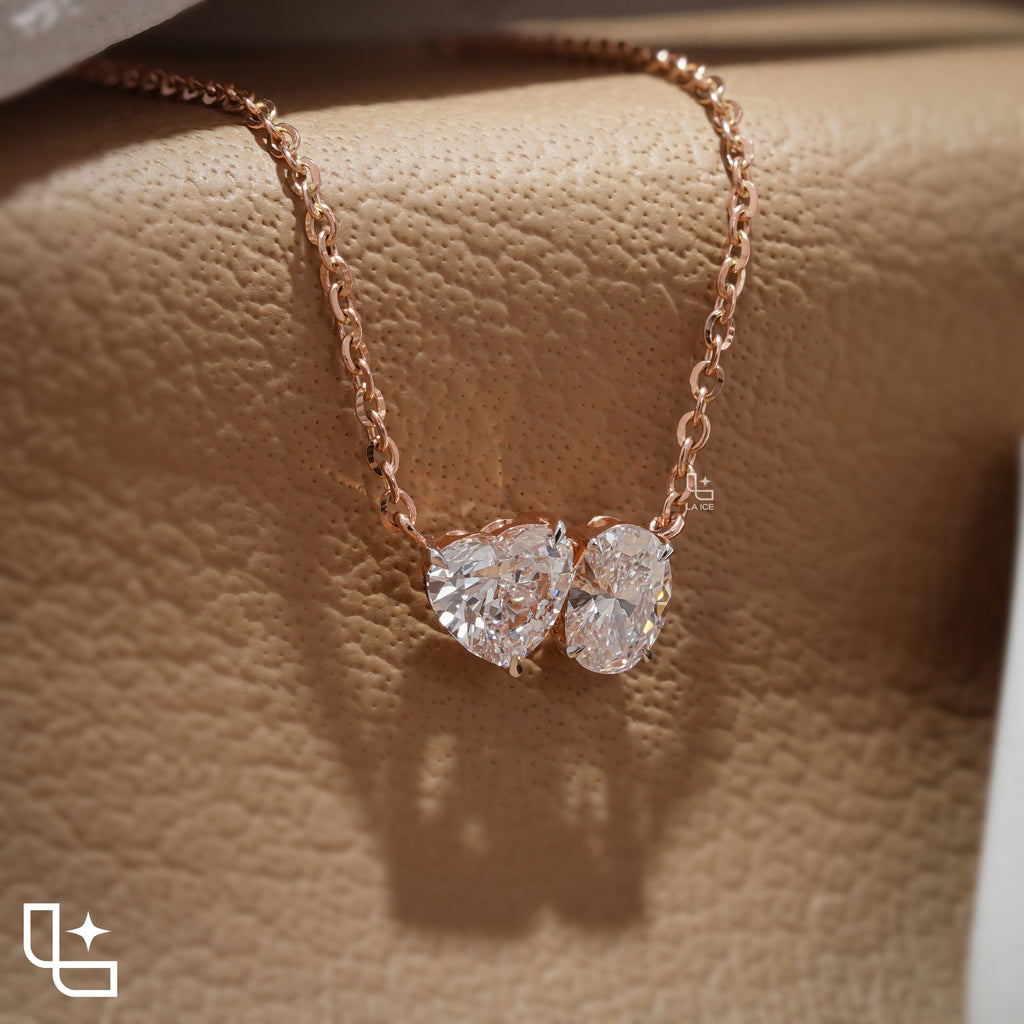 Heart & Oval Diamond Pendant Necklace – Rose Gold Diamond Necklace | Romantic Two-Stone Diamond Pendant for Women