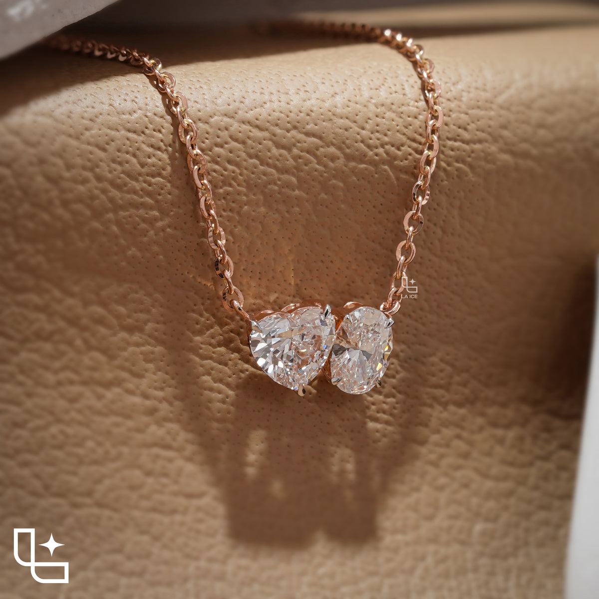 Heart & Oval Diamond Pendant Necklace – Rose Gold Diamond Necklace | Romantic Two-Stone Diamond Pendant for Women
